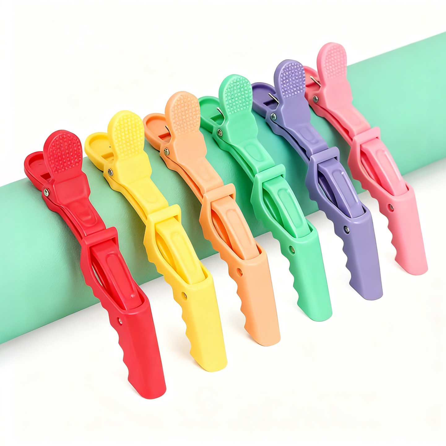 BeautéSync® 6pcs Colorful Crocodile Hair Clips front view, salon-grade hairdressing and makeup styling tools for braiding, sectioning, and blow drying